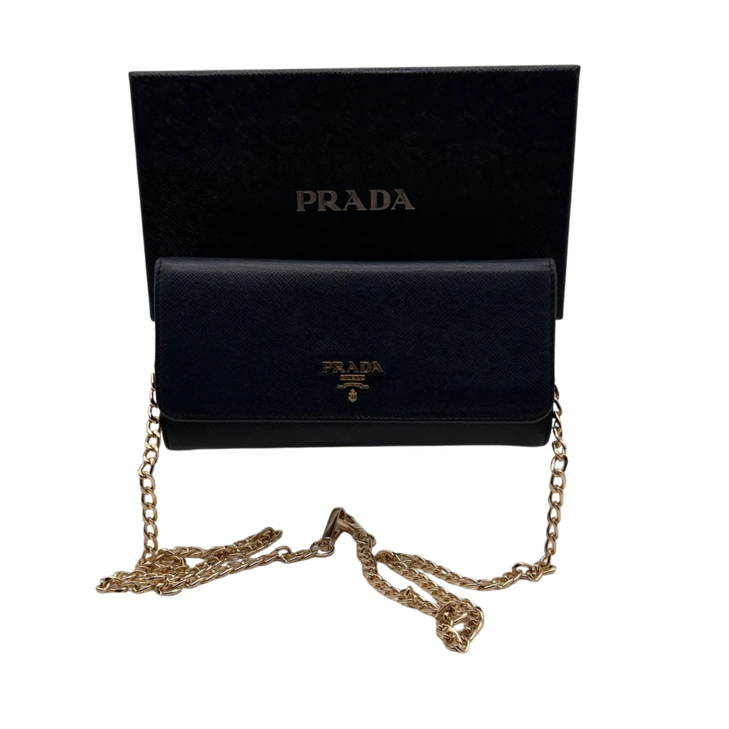 Prada Saffiano Lux Leather Continental Flap Wallet on a Chain