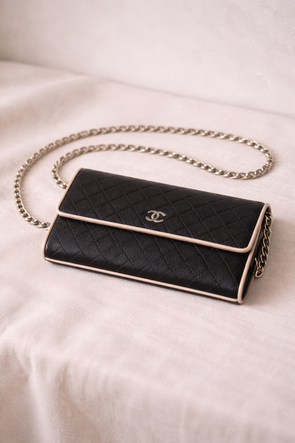Chanel Bicolor Leather Tri-fold Long Wallet on Chain