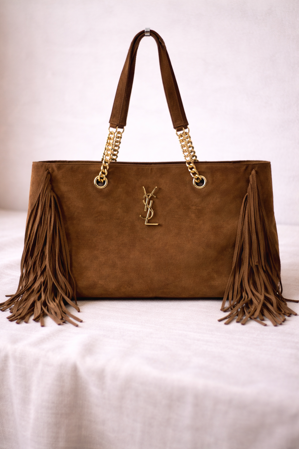 Saint Laurent Monogram Fringe Suede Chain-strap Shopping Tote Bag