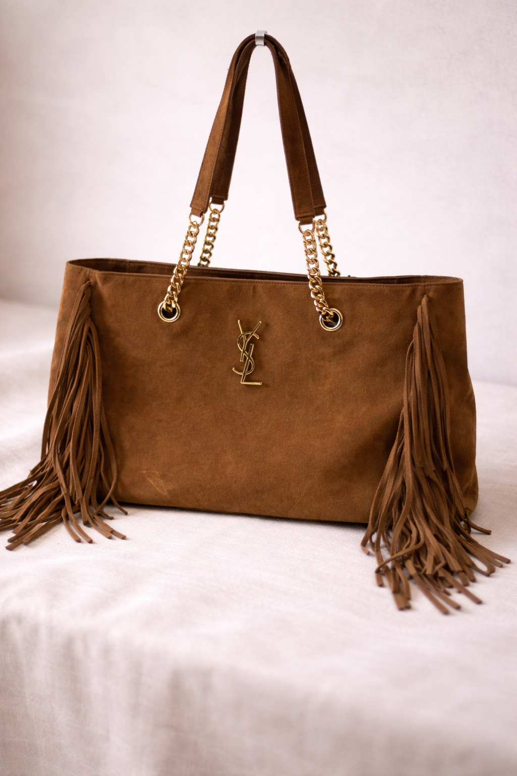 Saint Laurent Monogram Fringe Suede Chain-strap Shopping Tote Bag