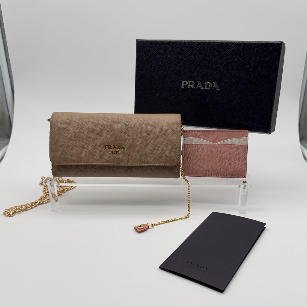 Prada Saffiano Lux Leather Continental Flap Wallet on a Chain