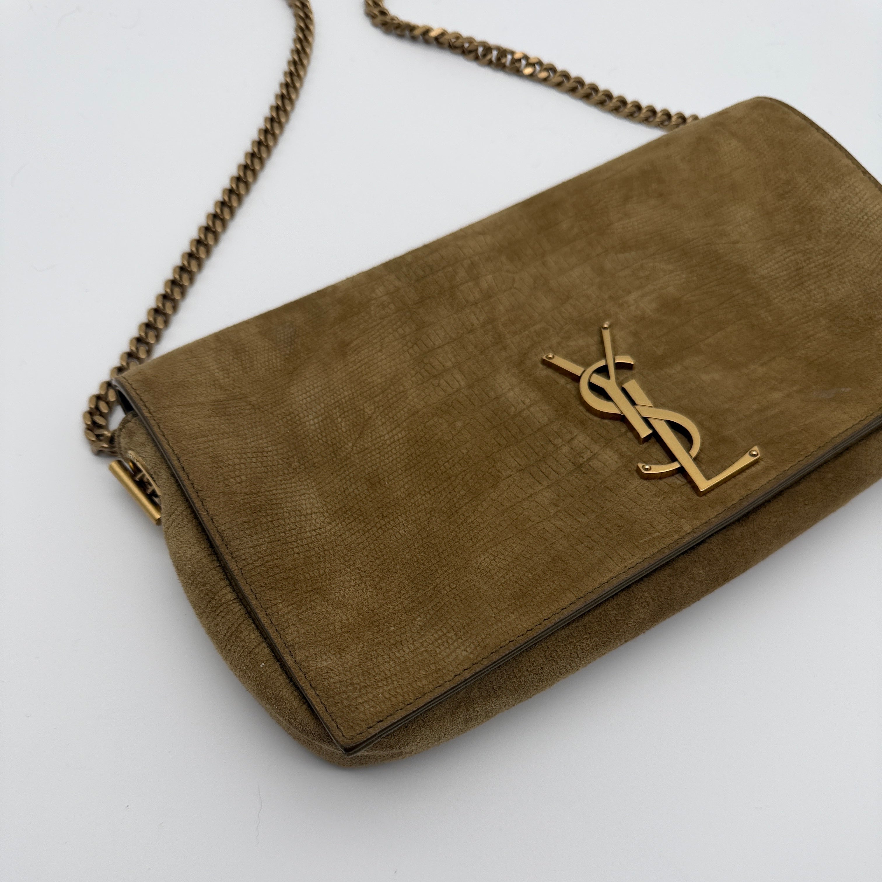 Saint Laurent Brown Crocodile-Embossed Suede Kate 99 Bag