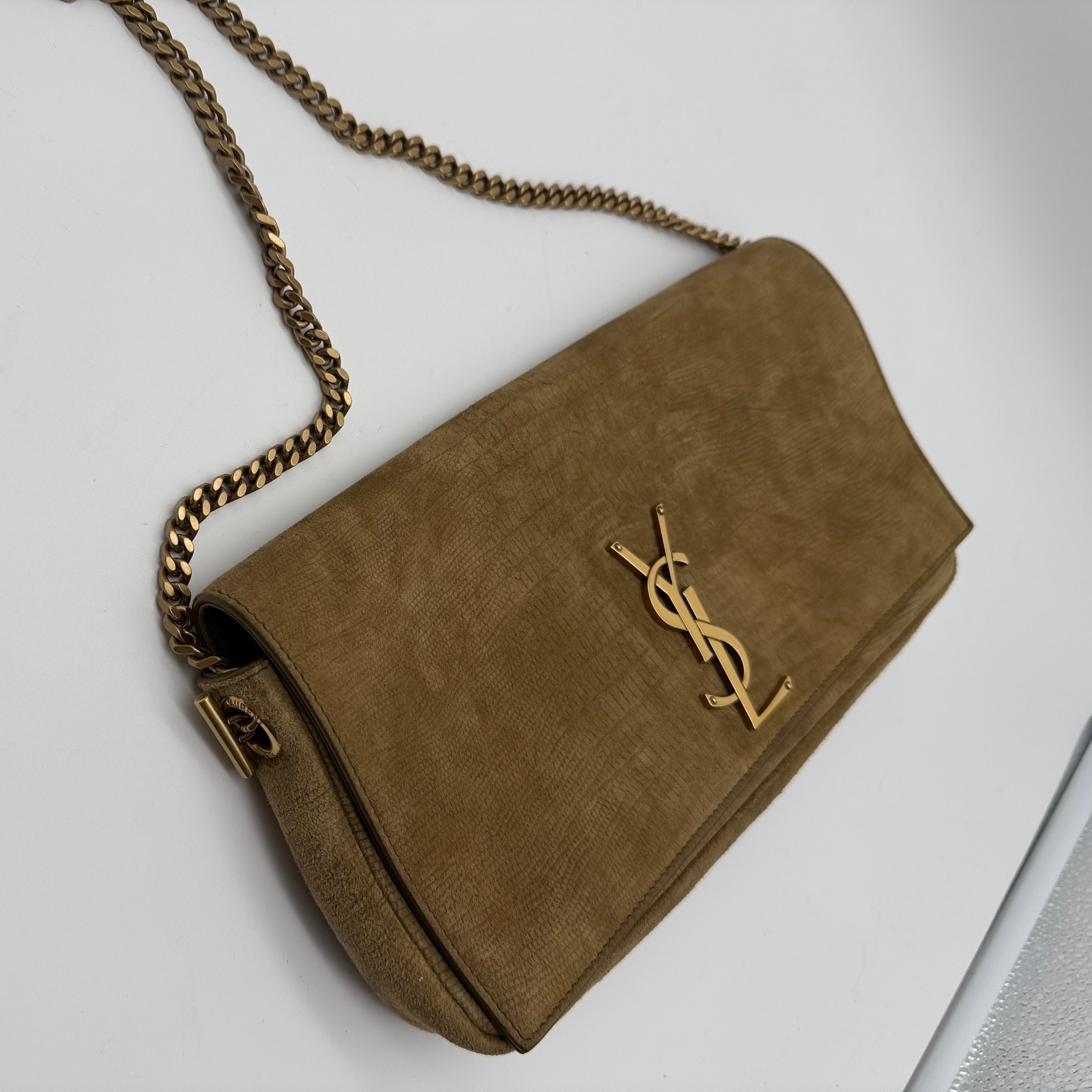 Saint Laurent Brown Crocodile-Embossed Suede Kate 99 Bag