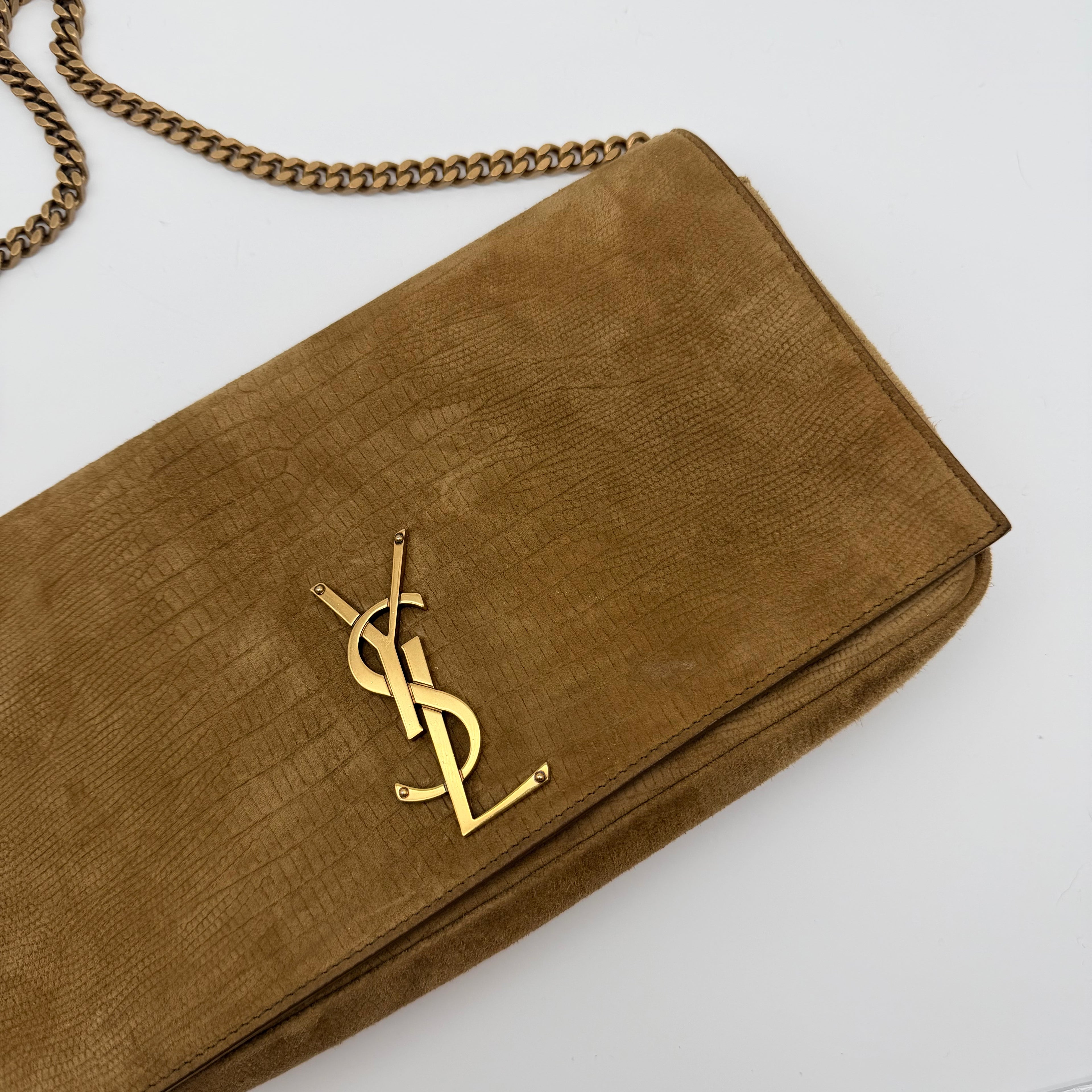 Saint Laurent Brown Crocodile-Embossed Suede Kate 99 Bag
