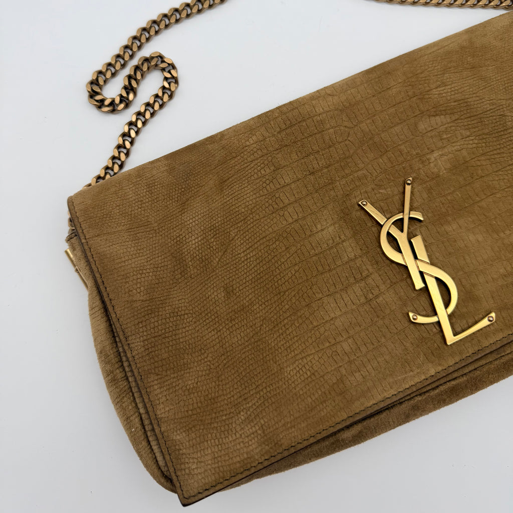 Saint Laurent Brown Crocodile-Embossed Suede Kate 99 Bag