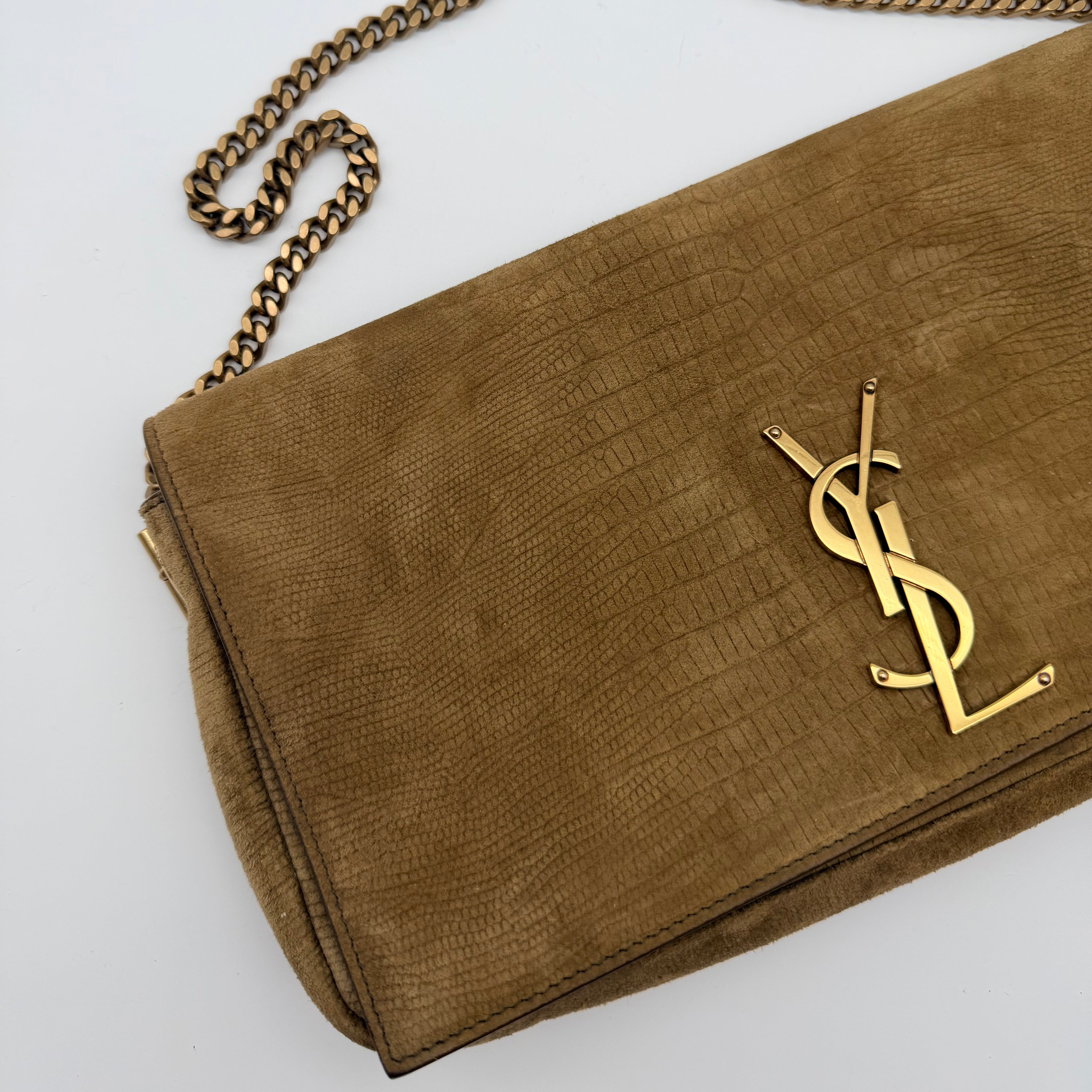 Saint Laurent Brown Crocodile-Embossed Suede Kate 99 Bag
