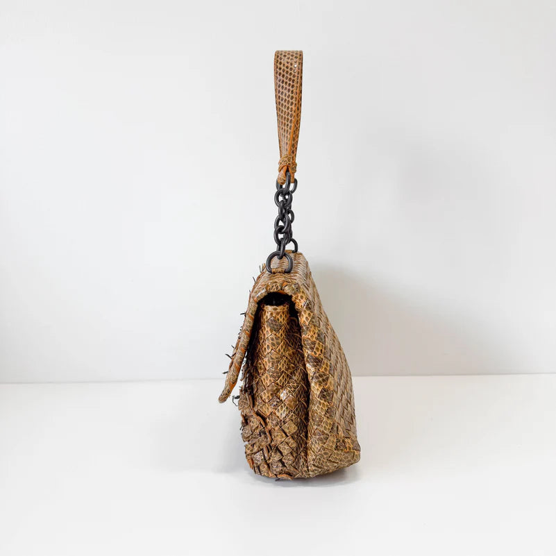 Bottega Veneta Intrecciato Yellow Lizard Leather Shoulder Bag